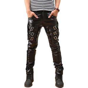 Idopy Mens Koreaanse Gothic Punk Party Kostuum Faux Lederen Broek Pu Gespen Hip Hop Zwarte Broek Mannelijke