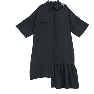 [Eam] Lente Zomer Revers Korte Mouwen Black Hollow Out Onregelmatige Plisse Big Size Shirt Jurk Vrouwen mode JU650