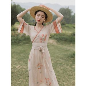 Zomer Oude Chinese Traditionele Folk Dans Kostuum Vrouwen Meisjes Retro Hanfu Jurk Chiffon Flower Print Lace Up Kimono Vestido