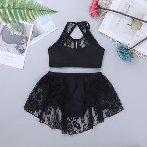 ChicTry Kids Teens Halter Lace Splice Hedendaagse Lyrische Dans Kostuums Gymnastiek Top Shorts Set Meisjes Ballet Tutu Dans Slijtage