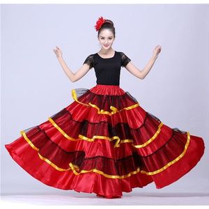 Meisjes Dans Kostuums Rood Zwart Satijn Effen Spaanse Flamenco Jurk Lace Up Ballroom Dansvoorstelling Partij Vrouwelijke Lange Rok