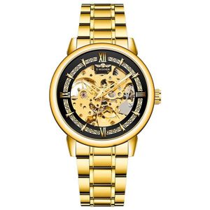 Top Luxe Winnaar Gold Skeleton Mannen Automatische Horloge Volledig Zwart Roestvrij Staal Lichtgevende Handen Horloges