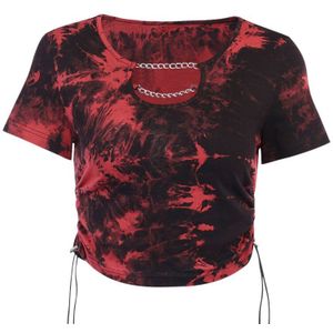 Insgoth Hollow Out T-Shirts Vrouwen Harajuku Gothic Rood En Zwart Tie Dye Keten Korte Mouw Trekkoord T-shirts Vrouwelijke Casual Tops