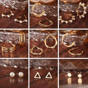 17Km Vintage 9 Paren/set Gold Metal Oorringen Set Voor Vrouwen Mode Multi-Gelaagde Twist Metalen Parel brincos Sieraden