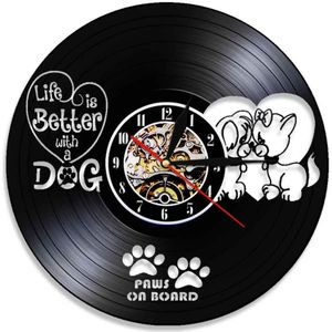 Leven Is Beter Met Een Hond Inspirerend Citaat Dierenarts Kliniek Hond Muur Decor Wandklok Poten Op Board Vintage Vinyl record Wandklok