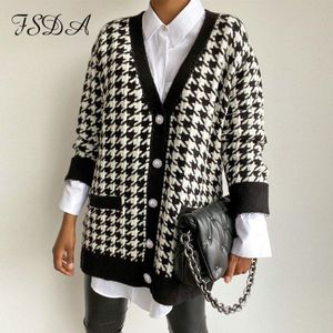 Fsda V-hals Houndstooth Vest Vest Zwarte Mouwloze Trui Vrouwen Losse Herfst Winter Gebreide Casual Mode Jumper