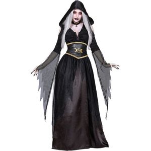 Middeleeuwse Tovenares Pagan Heks Kostuum Gothic Vampire Hooded Jurk Volwassen Vrouwen Halloween Carnaval Kostuums