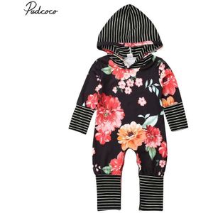 Baby Lente Herfst Kleding Pasgeboren Baby Meisje Lange Mouwen Bloemen Hooded Romper Kleding Gestreepte Patch Playsuit Jumpsuit