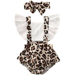 2 Stuks Pasgeboren Baby Meisje Kleding Leopard Romper Vierkante Kraag Lace Up Ruches Jumpsuit Hoofdband Outfits Baby Kleding 0-24M