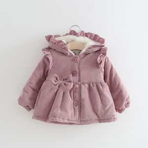 Cute Kids Peuter Baby Meisje Boog Lange Mouwen Effen Kleur Jas Winter Warm Thicken Corduroy Capuchon Uitloper Jacket Voor Kleine meisjes