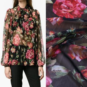 100X145 cm Week Runway China Rose Bloemen Zwarte Dunne Chiffon Stof voor Vrouw Meisje Zomer Lange Strand jurken Naaien