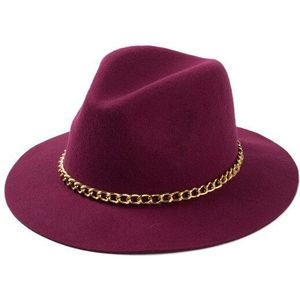 Modieuze Vrouwen 100% Wol Zwart Bordeaux Rood Fedora Hoed Met Gouden Ketting Voor Dames