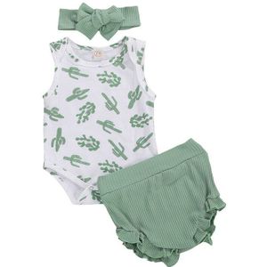 Baby Kleding Cactus Gedrukt Mouwloze O-hals Romper Hoge Taille Pp Shorts Hoofdband 3 Stuks Pak Kindje Jongen Meisje Katoenen Kleding