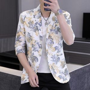 2022 Zomer Bloemenprint Blazers Voor Mannen Half Mouw Casual Pak Jassen Wedding Business Street Sociale Jasje Slanke Jurk jas