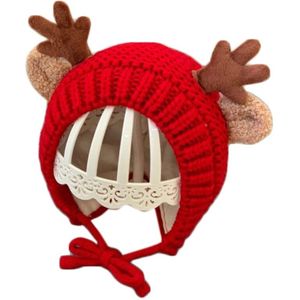 Baby Baby Winter Knit Beanie Hat Leuke Kerst Rendier Gewei Peuter Winddicht Oorklep Cap Warmer Met Kinband