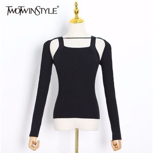 Twotwinstyle Patchwork Trui Voor Vrouwen Vierkante Kraag Lange Mouw Slanke Minimalistische Zwart Tops Vrouwelijke Fall Tij