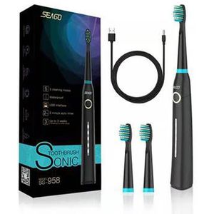 Seago 958 Automatische Sonic Elektrische Toothrbush Met 3 Opzetborstels Usb Opladen 5 Modi 40000 Keer Trillingen/Min IPX7 waterdicht