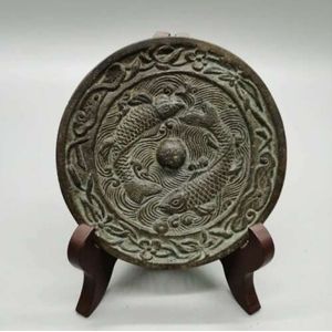 4.4 ""Verzamelen China Brons Oude Decoratieve Twee Vis Pruimenbloesem Bronzen Spiegel