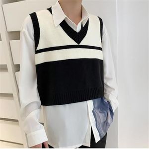 Herfst preppy stijl losse V kraag contrast kleur korte mannen knit vest mode streetwear casual homme truien