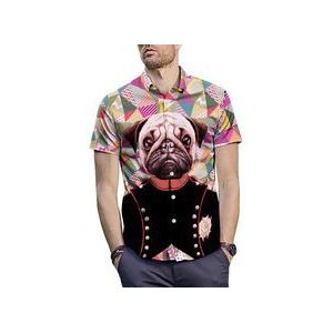 Mannen Pug Hond Korte Mouwen Print Shirt Plus Size Toevallige Stand Kraag Losse Overhemd Strand Overhemd Zomer