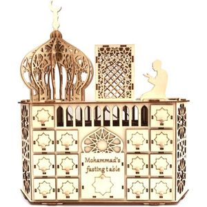Houten Eid Mubarak Ramadan Advent Kalender Led Light Diy Moslim Islamitische 30 Grids Countdown Lade Decor