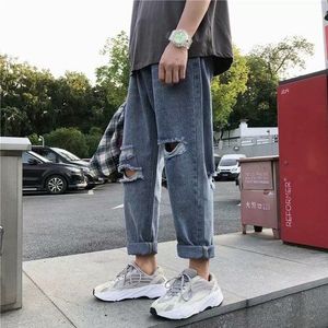 Jeans Mannen Ontworpen Plus Size 3XL Enkellange Bont Gevoerde Gebroken Gaten Krimptang Dagelijks Baggy Vintage Ulzzang Zachte bedelaar Broek