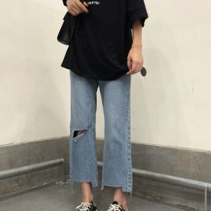 Jeans Vrouwen Hole Pockets Rits Onregelmatige Enkellange Losse Rechte Denim Hoge Taille Koreaanse Stijl Chic Womens Streetwear Dagelijks