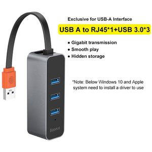 Baseus Usb Ethernet Adapter 2 In 1 Usb Type C Naar RJ45 Netwerkkaart Hub 1000Mbps Voor Macbook Pro mi Box 3 Schakelaar RJ45 Lan