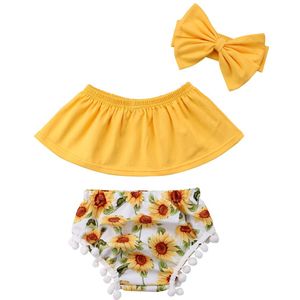 3 Stuks Pasgeboren Baby Baby Girl Outfits Kleding Off Shoulder Tops Shorts Hoofdband Tweedelige Pakken Sunsuit