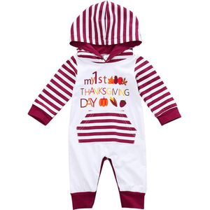 Peuter Baby Baby Jongen Meisje Romper Mijn 1st Thanksgiving Dag Gestreepte Hooded Lange Mouw Jumpsuit Kleding Outfits Playsuit 0-18M