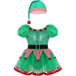 Meisjes Kerst Fairy Geest Elf Kostuums Dancewear Korte Puff Mouwen Lovertjes Gestreepte Mesh Tutu Turnpakje Cosplay Jurk met Hoed