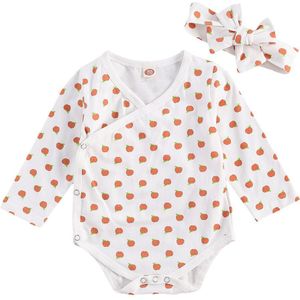 Baby Meisjes Tweedelige Kleding Set, Lange Mouwen V-hals Open Voorzijde Romper + Hoofdtooi, Wit/Roze