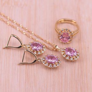 Risenj Prinses Roze Kristal & Zirkoon Kostuum Goud Kleur Sieraden Set Verstelbare Ring Ketting Oorbellen Set Snel