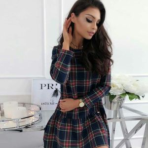 Plaid Jurk Voor Vrouwen Lange Mouw Herfst Mode Ronde Hals Losse Lady Mini Jurk Rood Casual Fall Vrouwelijke Feestjurk vestido