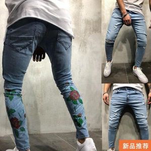 Rose Print Potlood Jeans Voor Mannen Lichtblauw Slim Fit Ripped Hole Denim Broek Heren Strech Jeans Pantalones Hombre Vaqueros homme