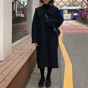 Herfst Koreaanse Wollen Zwarte Jas Volledige Mouw Turn Down Kraag Losse Rechte Single Breasted Uitloper Elegante Casual Winter Jas