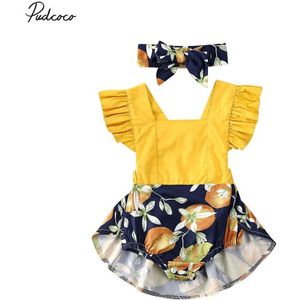 Baby Zomer Kleding Baby Meisje Lemon Print Ruffle Romper Jurk Hoofdband Outfit Citroen Print Kleding Set Sunsuit