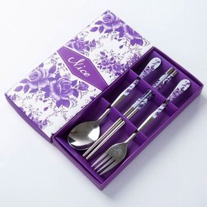 4 stks/set Chinese Element Scoop Vork Tafel Set rvs Blauw Wit Porselein Keuken Servies Set met Zakelijke Geschenkdoos