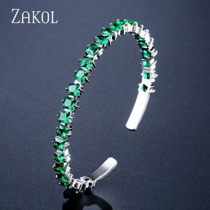 Zakol Mode Groene Vierkante Zirconia Baguette Manchet Armband Armbanden Voor Vrouwen Meisje Party Bruiloft Sieraden FSBP2147