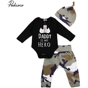 Baby Lente Herfst Kleding Pasgeboren Baby Jongens Lange Mouw Brief Bodysuit Jumpsuit Camo Broek Hoed 3Pcs Outfits Set kleding