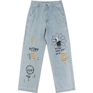 Gonthwid Ripped Verontruste Vernietigd Regenboog Gat Graffiti Bloemen Print Denim Jeans Streetwear Hip Hop Harajuku Broek Broek