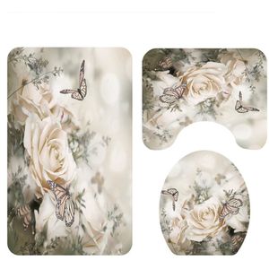 4Pcs Non Slip Wc Polyester Cover Mat Set Rose Mooie Patroon Badmat Voor Wc Tapijt Floor Tapijten Voet deurmat