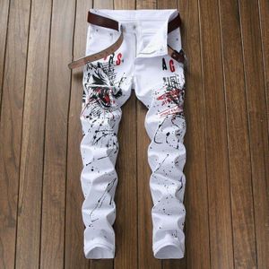 Mannen Mode Skinny Jeans Slim Fit Witte Broek 3D Print Wolf Clubwear Trouses