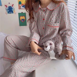 Herfst Vrouwelijke Plaid Pyjama Set Losse Vintage Nachtkleding Lange Mouw Blouses + Elastische Taille Broek Turn-Down Kraag Homewear s1028