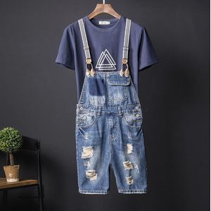 Jongens Zomer Casual Denim Shorts Knielengte Jumpsuits Gat Gescheurde Jeans Rits Heren Shorts Streetwear Gewassen Denim Bretels