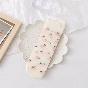 Zomer Dunne Transparante Kristal Zijde Aardbei Perzik Cartoon Patroon Japanse Harajuku Kawaii Leuke Ruche Meisje Vrouw Buis Sokken