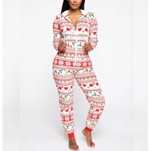 Vrouwen Kerst Print Hooded Nachtkleding Met Zakken Winter Warm Lange Mouwen Zachte Jumpsuit Pyjama Collectie
