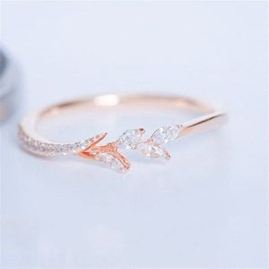 Leaf Crystal Verlovingsringen Vrouwen Eternity Wedding Band Ringen Voor Vrouwelijke Rose Gouden Ringen Sieraden