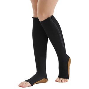 2 Pairs Nylon Rits Compressie Sok Been Knie Ondersteuning Open Teen Voorkomen Spataderen Stretch Sokken Zwart, L/Xl & S/M