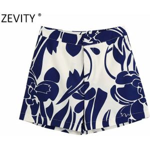 Zevity Vrouwen Blue Flower Printing Casual Bermuda Lady Button Fly Zomer Chic Shorts Pantalone Cortos P886